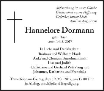 Traueranzeige von Hannelore Dormann von Süddeutsche Zeitung