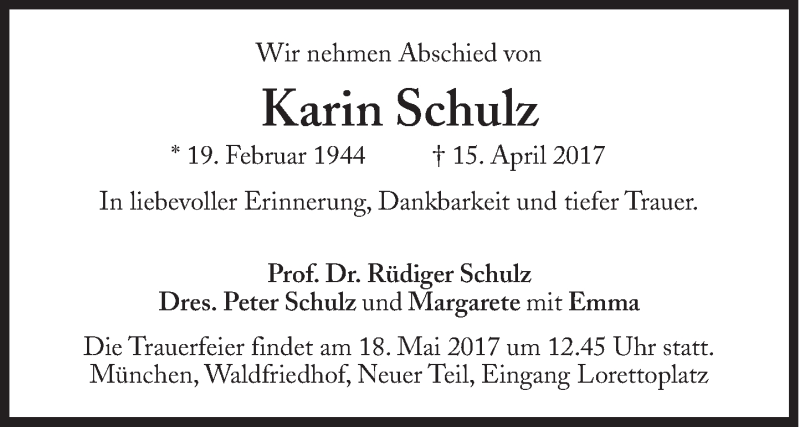  Traueranzeige für Karin Schulz vom 13.05.2017 aus Süddeutsche Zeitung