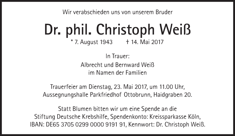  Traueranzeige für Christoph Weiß vom 20.05.2017 aus Süddeutsche Zeitung