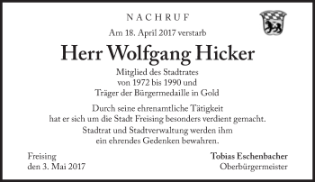 Traueranzeige von Wolfgang Hicker von Süddeutsche Zeitung