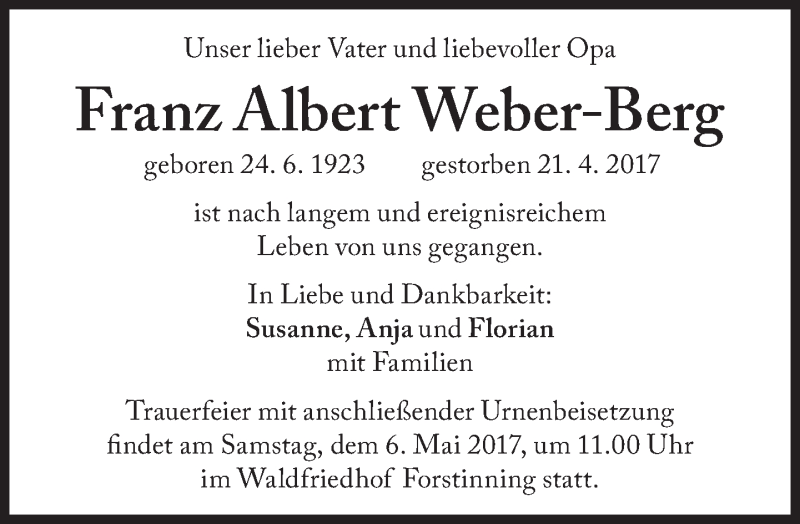  Traueranzeige für Franz Albert Weber-Berg vom 03.05.2017 aus Süddeutsche Zeitung