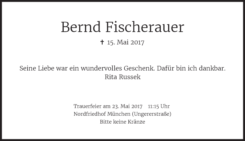  Traueranzeige für Bernd Fischerauer vom 20.05.2017 aus Süddeutsche Zeitung