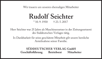 Traueranzeige von Rudolf Seichter von Süddeutsche Zeitung