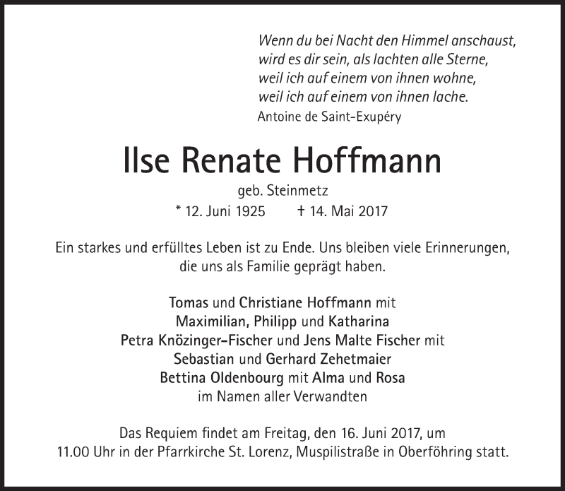  Traueranzeige für Ilse Renate Hoffmann vom 20.05.2017 aus Süddeutsche Zeitung