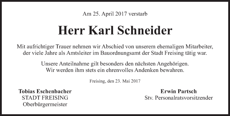  Traueranzeige für Karl Schneider vom 23.05.2017 aus Süddeutsche Zeitung