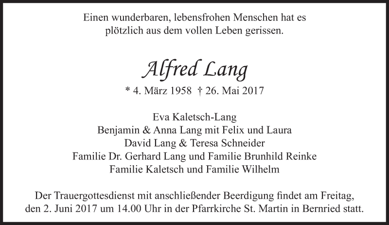  Traueranzeige für Alfred Lang vom 30.05.2017 aus Süddeutsche Zeitung