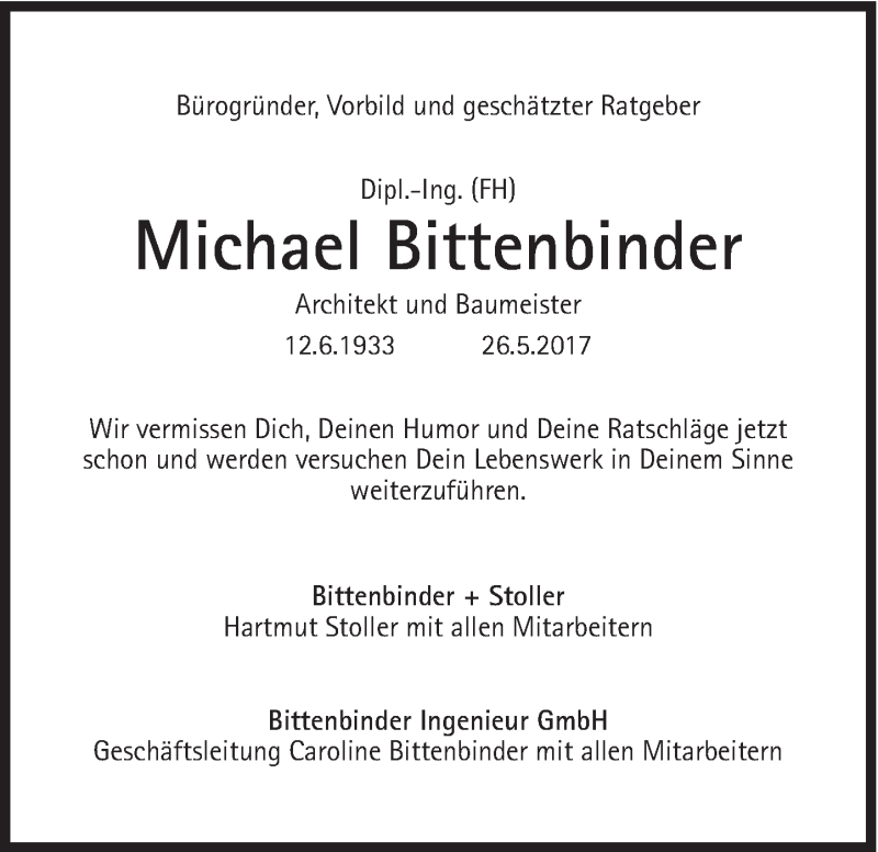  Traueranzeige für Michael Bittenbinder vom 03.06.2017 aus Süddeutsche Zeitung