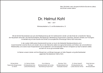 Traueranzeige von Helmut  Kohl von Süddeutsche Zeitung