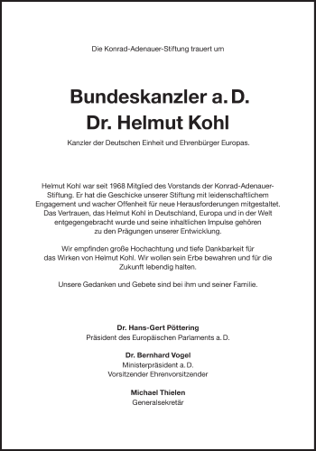 Traueranzeige von Helmut  Kohl von Süddeutsche Zeitung