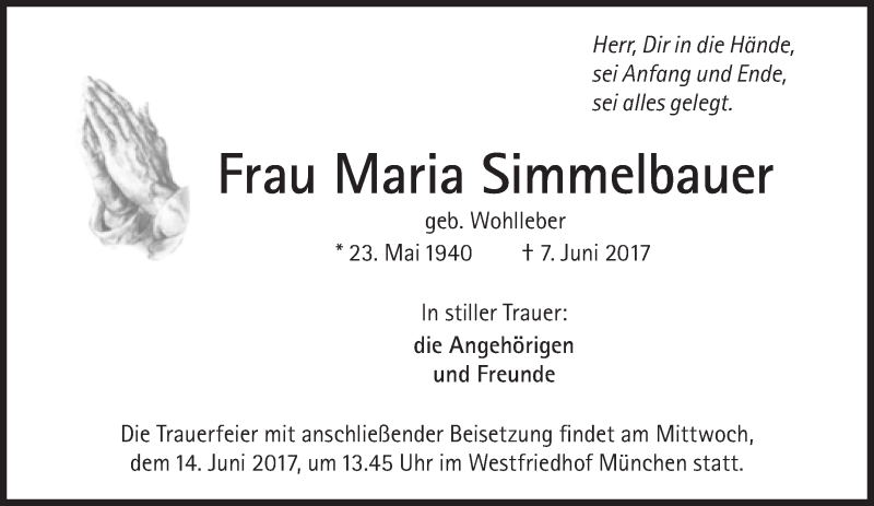  Traueranzeige für Maria Simmelbauer vom 10.06.2017 aus Süddeutsche Zeitung