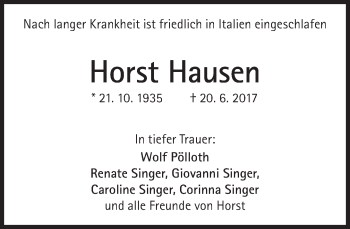 Traueranzeige von Horst Hausen von Süddeutsche Zeitung