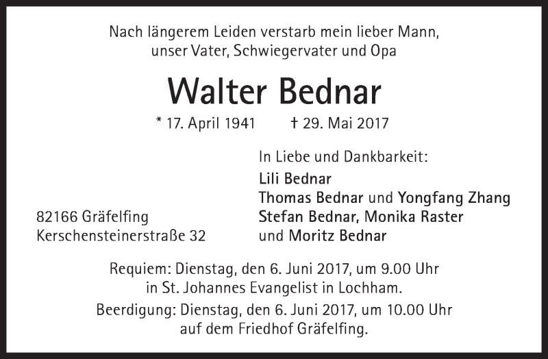 Traueranzeige für Walter Bednar vom 03.06.2017 aus Süddeutsche Zeitung