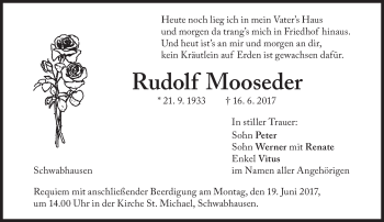 Traueranzeige von Rudolf Mooseder von Süddeutsche Zeitung