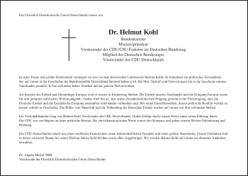 Traueranzeige von Helmut  Kohl von Süddeutsche Zeitung