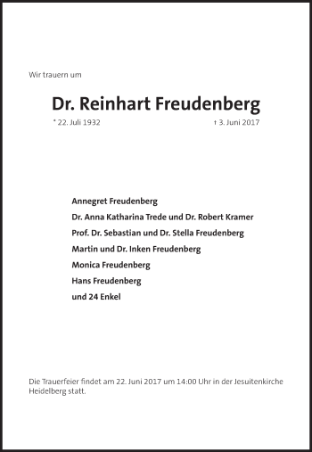 Traueranzeige von Reinhart Freudenberg von Süddeutsche Zeitung