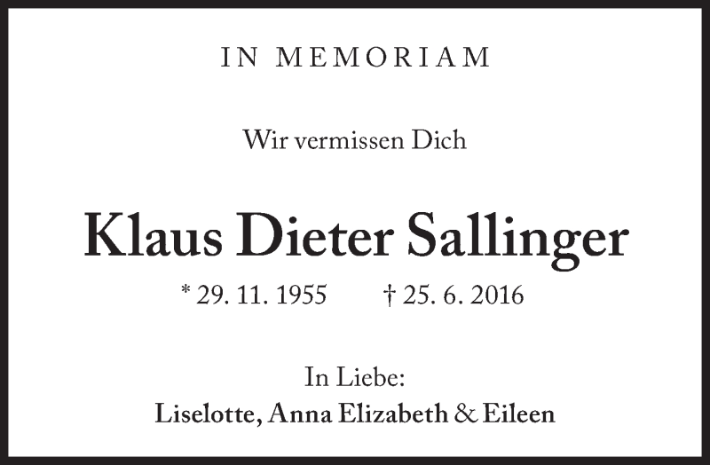  Traueranzeige für Klaus Dieter Sallinger vom 24.06.2017 aus Süddeutsche Zeitung