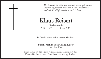 Traueranzeige von Klaus Reisert von Süddeutsche Zeitung