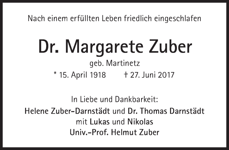 Traueranzeige für Margarete Zuber vom 01.07.2017 aus Süddeutsche Zeitung