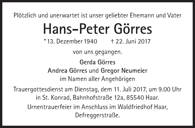  Traueranzeige für Hans-Peter Görres vom 01.07.2017 aus Süddeutsche Zeitung