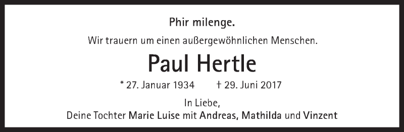  Traueranzeige für Paul Hertle vom 01.07.2017 aus Süddeutsche Zeitung