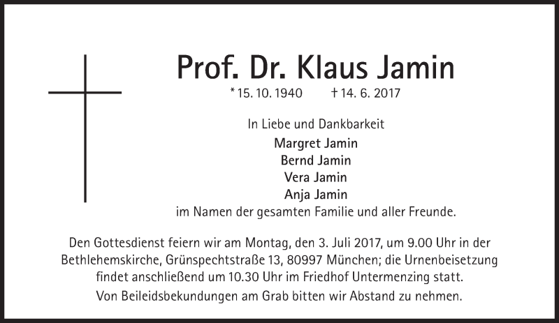  Traueranzeige für Klaus Jamin vom 24.06.2017 aus Süddeutsche Zeitung