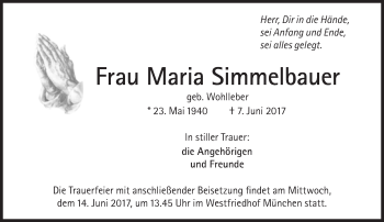 Traueranzeige von Maria Simmelbauer von Süddeutsche Zeitung