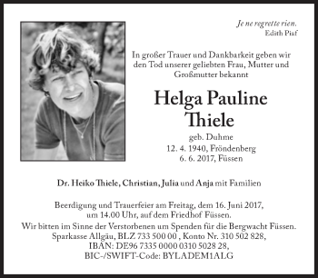 Traueranzeige von Helga Pauline Tiele von Süddeutsche Zeitung