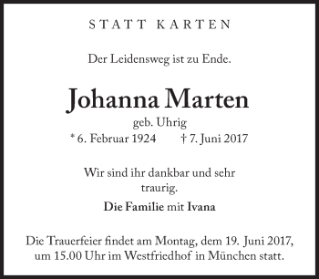 Traueranzeige von Johanna Marten von Süddeutsche Zeitung