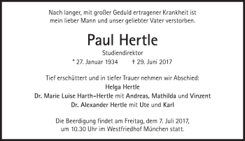 Traueranzeige von Paul Hertle von Süddeutsche Zeitung