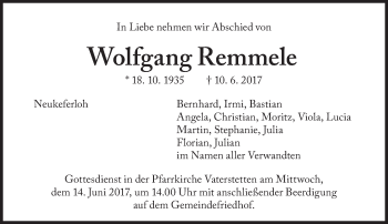 Traueranzeige von Wolfgang Remmele von Süddeutsche Zeitung