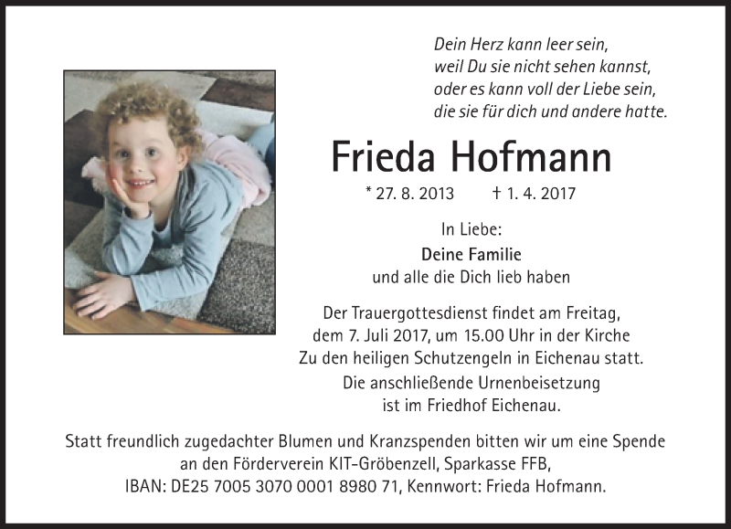  Traueranzeige für Frieda Hofmann vom 01.07.2017 aus Süddeutsche Zeitung