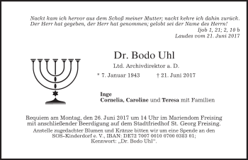 Traueranzeige von Bodo Uhl von Süddeutsche Zeitung