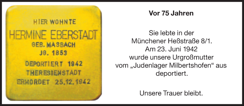  Traueranzeige für Hermine Eberstadt vom 23.06.2017 aus Süddeutsche Zeitung