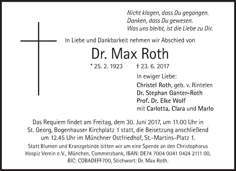  Traueranzeige für Max Roth vom 27.06.2017 aus Süddeutsche Zeitung