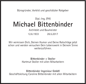 Traueranzeige von Michael Bittenbinder von Süddeutsche Zeitung