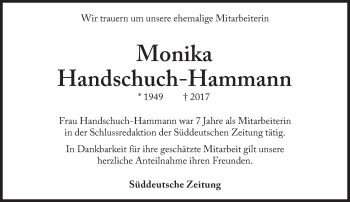 Traueranzeige von Monika Handschuch-Hammann von Süddeutsche Zeitung