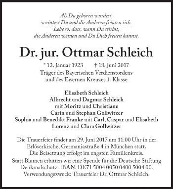 Traueranzeige von Ottmar Schleich von Süddeutsche Zeitung