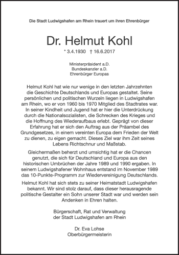 Traueranzeige von Helmut  Kohl von Süddeutsche Zeitung