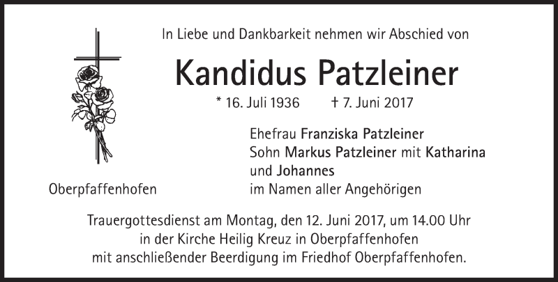  Traueranzeige für Kandidus Patzleiner vom 10.06.2017 aus Süddeutsche Zeitung