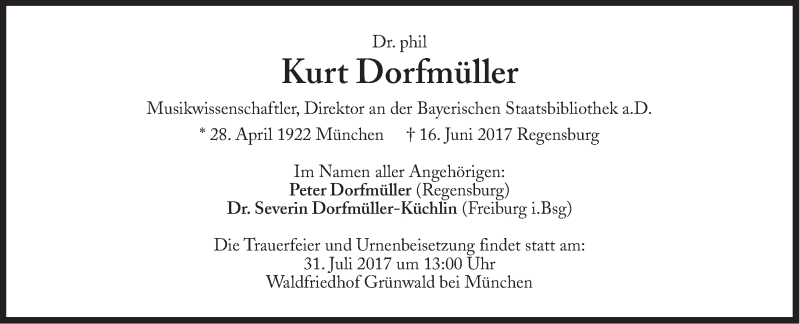  Traueranzeige für Kurt Dorfmüller vom 24.06.2017 aus Süddeutsche Zeitung