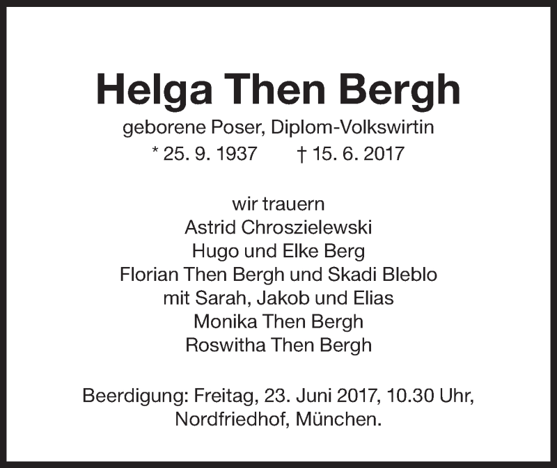  Traueranzeige für Helga Then Bergh vom 20.06.2017 aus Süddeutsche Zeitung
