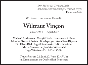 Traueranzeige von Wiltraut Vinçon von Süddeutsche Zeitung