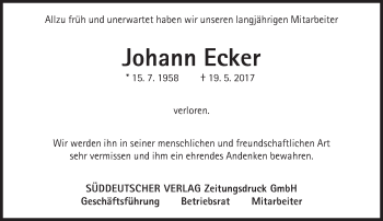 Traueranzeige von Johann Ecker von Süddeutsche Zeitung