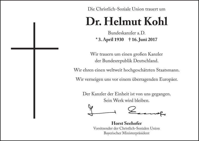  Traueranzeige für Helmut  Kohl vom 21.06.2017 aus Süddeutsche Zeitung