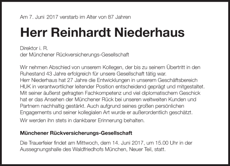  Traueranzeige für Reinhardt Niederhaus vom 12.06.2017 aus Süddeutsche Zeitung