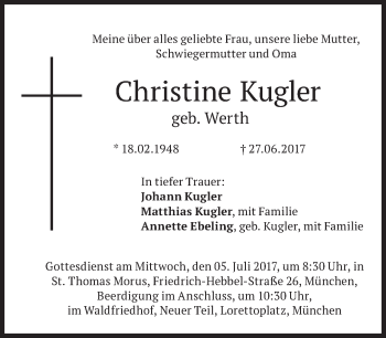 Traueranzeige von Christine Kugler von Süddeutsche Zeitung