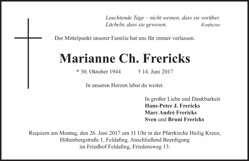  Traueranzeige für Marianne Ch. Frericks vom 17.06.2017 aus Süddeutsche Zeitung