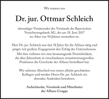 Traueranzeige von Ottmar Schleich von Süddeutsche Zeitung