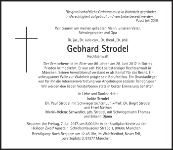 Traueranzeige von Gebhard Strodel von Süddeutsche Zeitung