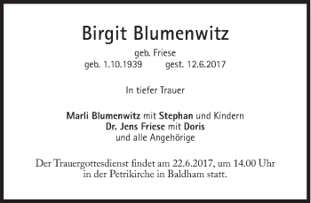 Traueranzeige von Birgit Blumenwitz von Süddeutsche Zeitung